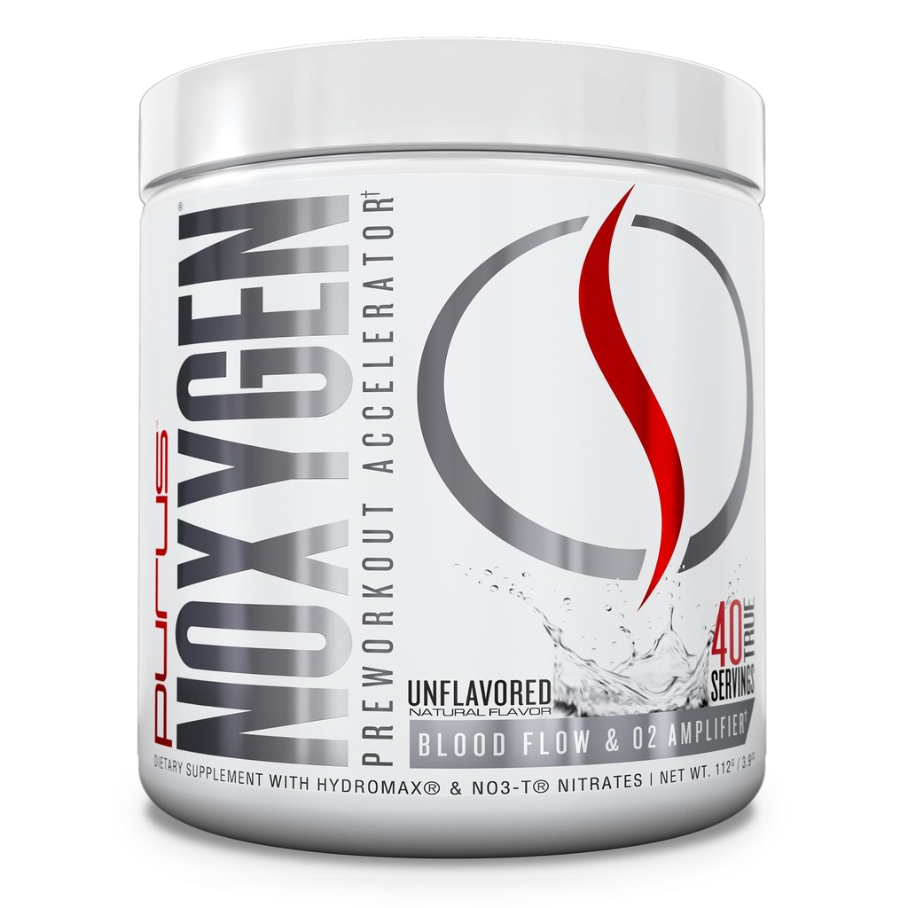 Purus Labs NOXygen Powder Pre-Workout Accelerator | Nitric Oxide Booster & Oxygen Amplifier | Hydromax Glycerol & NO3-T Nitrates | 40 Servings (Unflavored)