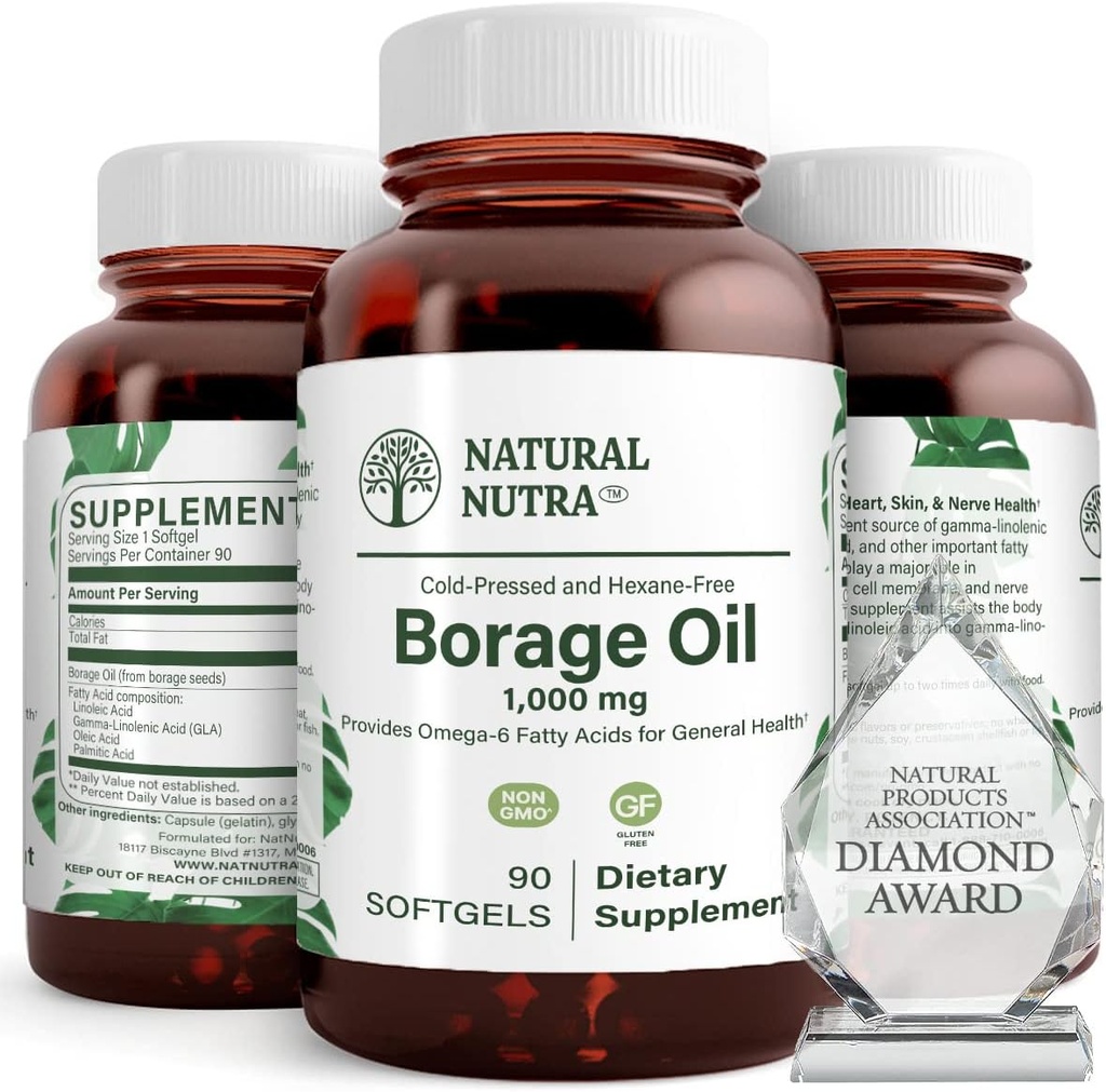 Natural Borage Oil Supplement – Rich in Gamma-linolenic Acid (GLA), A Potent Omega-6 ácido graso esencial conocido para apoyar la piel, el nervio y la salud conjunta 90 Softgels.