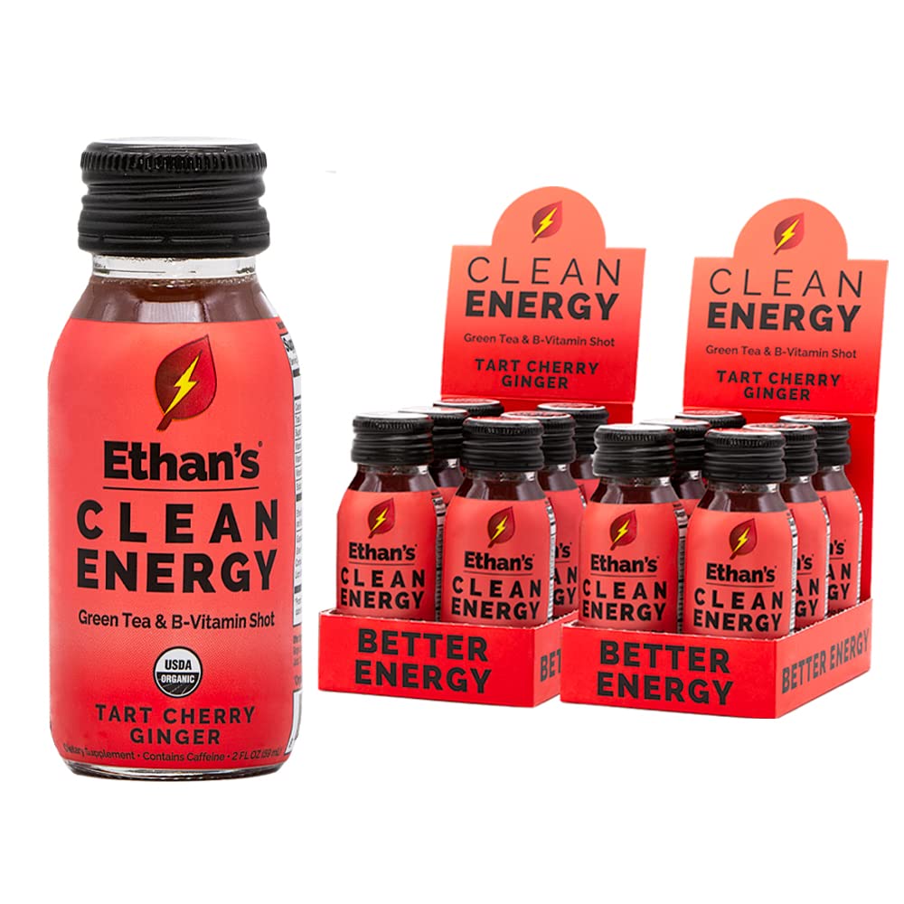 Ethan's Organic Clean Energy Shots Tart Cherry Ginger, 12 Pack of 2oz | 150mg Caffeine | Green Tea, Guayusa, Lion's Mane & Cordyceps | Sugar-Free, Vegan, Gluten-Free, USDA Organic