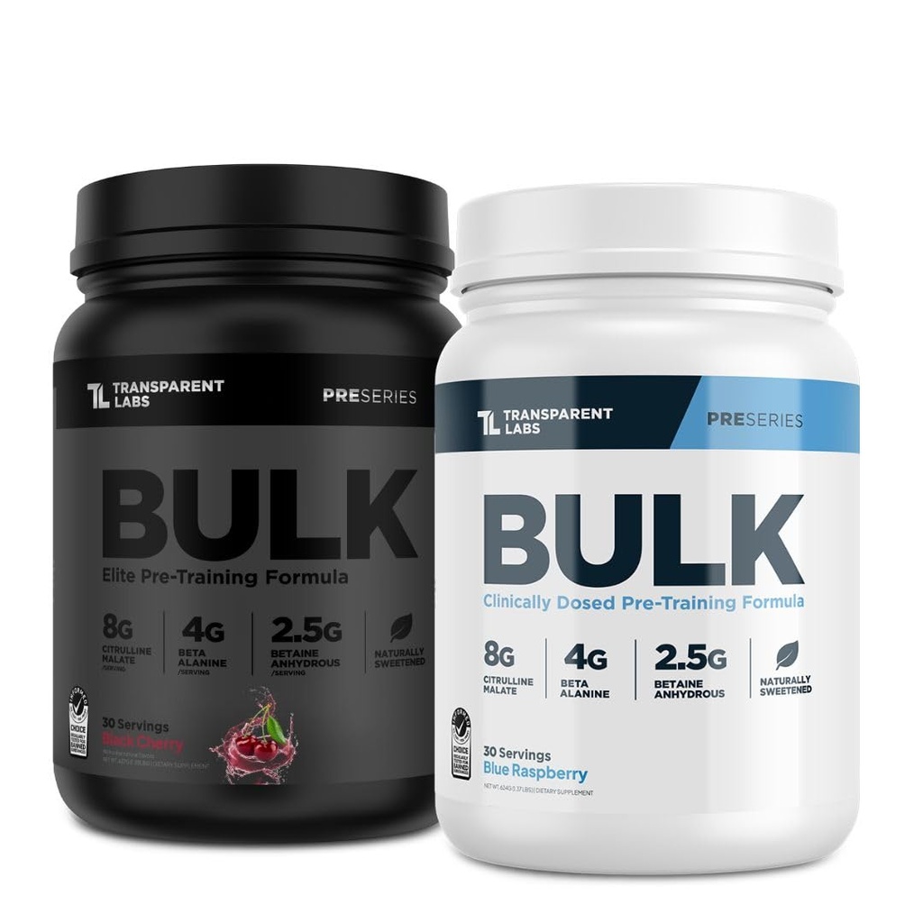 Transparent Labs Bulk Pre Workout Powder for Muscle Building and Strength - 30 Servings, Blue Raspberry & Bulk Black Pre Workout with Beta Alanine - 30 Servings, Black Cherry