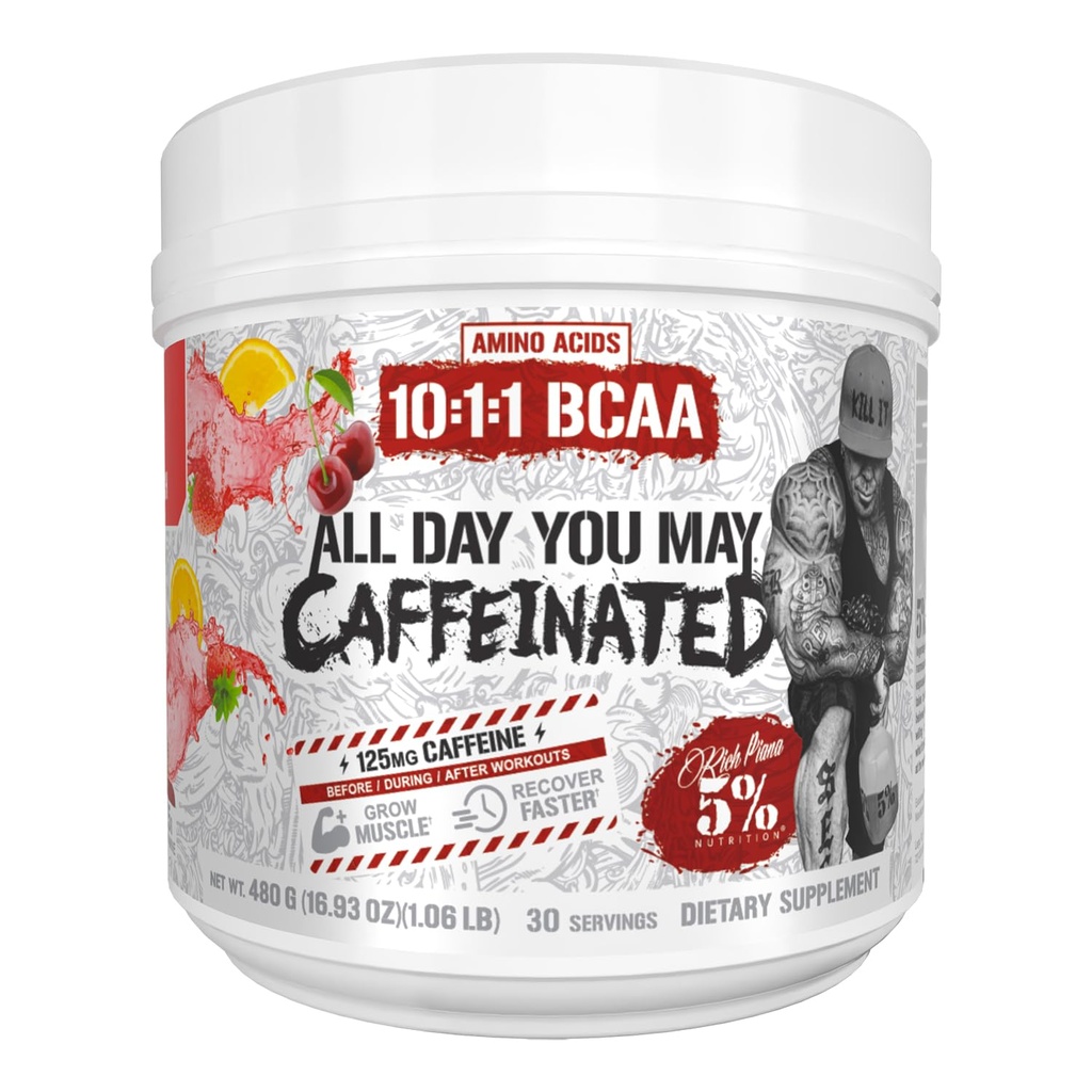 5% Nutrition Rich Piana AllDayYouMay Caffeinated BCAA Energy Powder | Premium Pre Workout Amino Energy & Electrolytes | Hydration, Endurance & Recovery | 16.08 oz, 25 Servings (Fruit Punch)