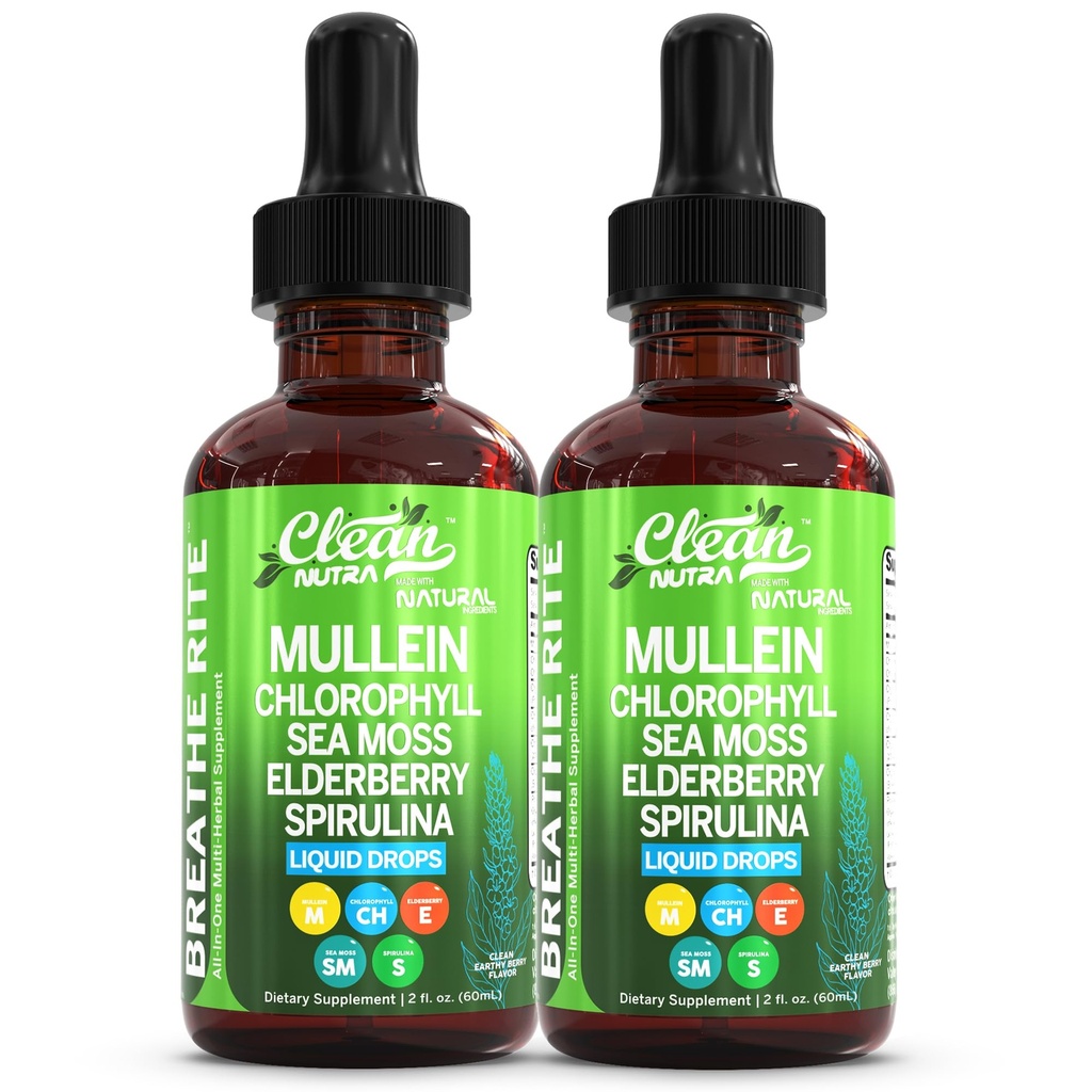 Organic Mullein Liquid Drops With Chlorophyll for Lung Detox Plus Irish Sea Moss, Spirulina, Licorice, Tart Cherry, Lobelia, Motherwort, And Elderberry For Men Women Health Supplement Vitamin (2)