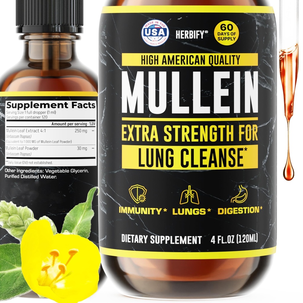 HERBIFY Mullein Drops - Lung Cleanse - Leaf Extract - Powerful Mullein for Immune Support,Detox & Respiratory Support - Made in USA - Lung Cleanse for Smokers - 4 Oz