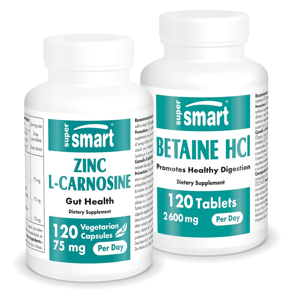Supersmart - Zinc L-Carnosine + Betaine HCl Bundle (Gastric Health) | Non-GMO & Gluten Free - Vegetarian Capsules
