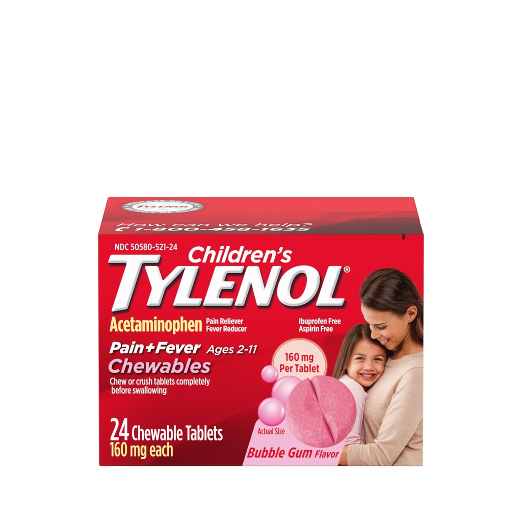 Children's Tylenol Chewables with 160 mg Acetaminophen, Pain Reliever & Fever Reducer for Kids' Cold + Flu Symptoms, Headache, Sore Throat & Toothache, Aspirin-Free, Bubble Gum, 24 ct