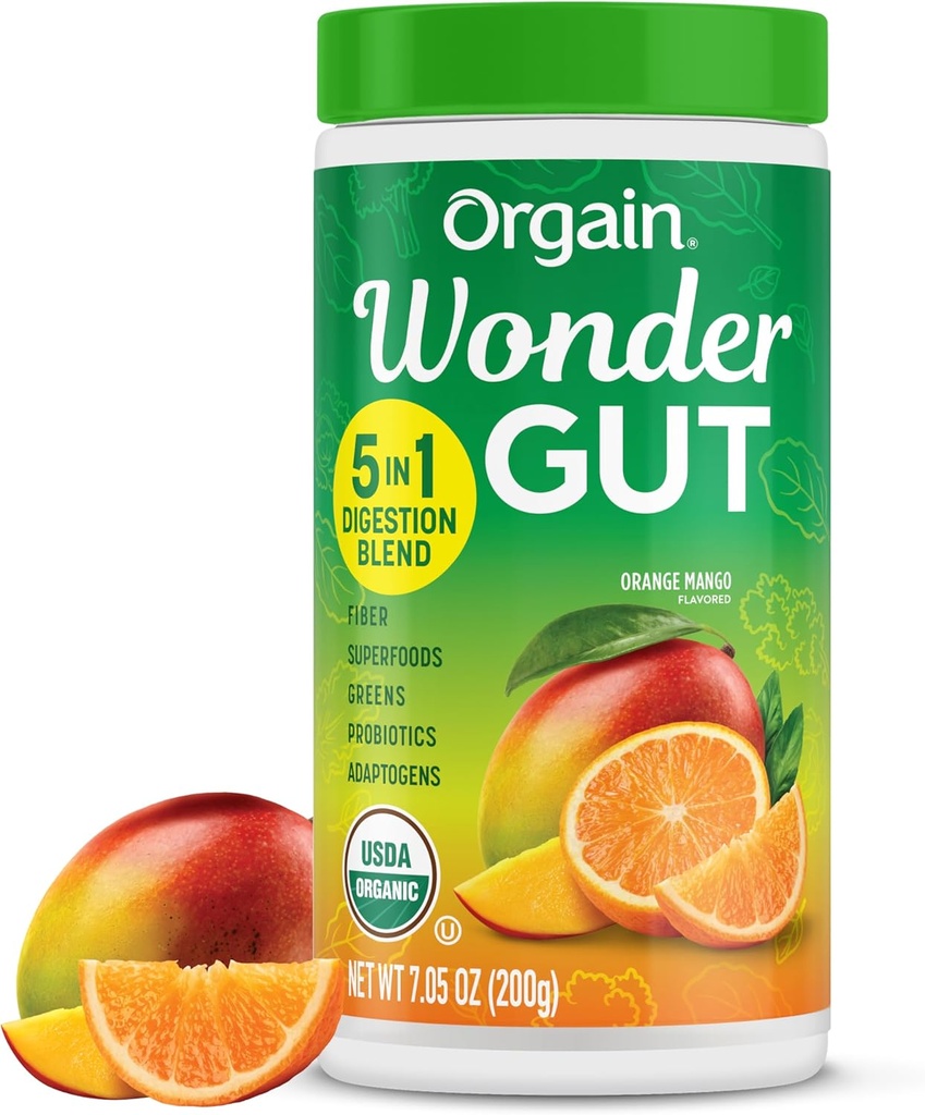 Orgain Organic Wonder Gut Fiber Supplement Powder, 5 in 1 Blend with 1 Billion Probiotics, Greens, Vitamina C, Adaptogens for Gut Health and Immune Support, Non-GMO, Orange Mango, 7.05 oz