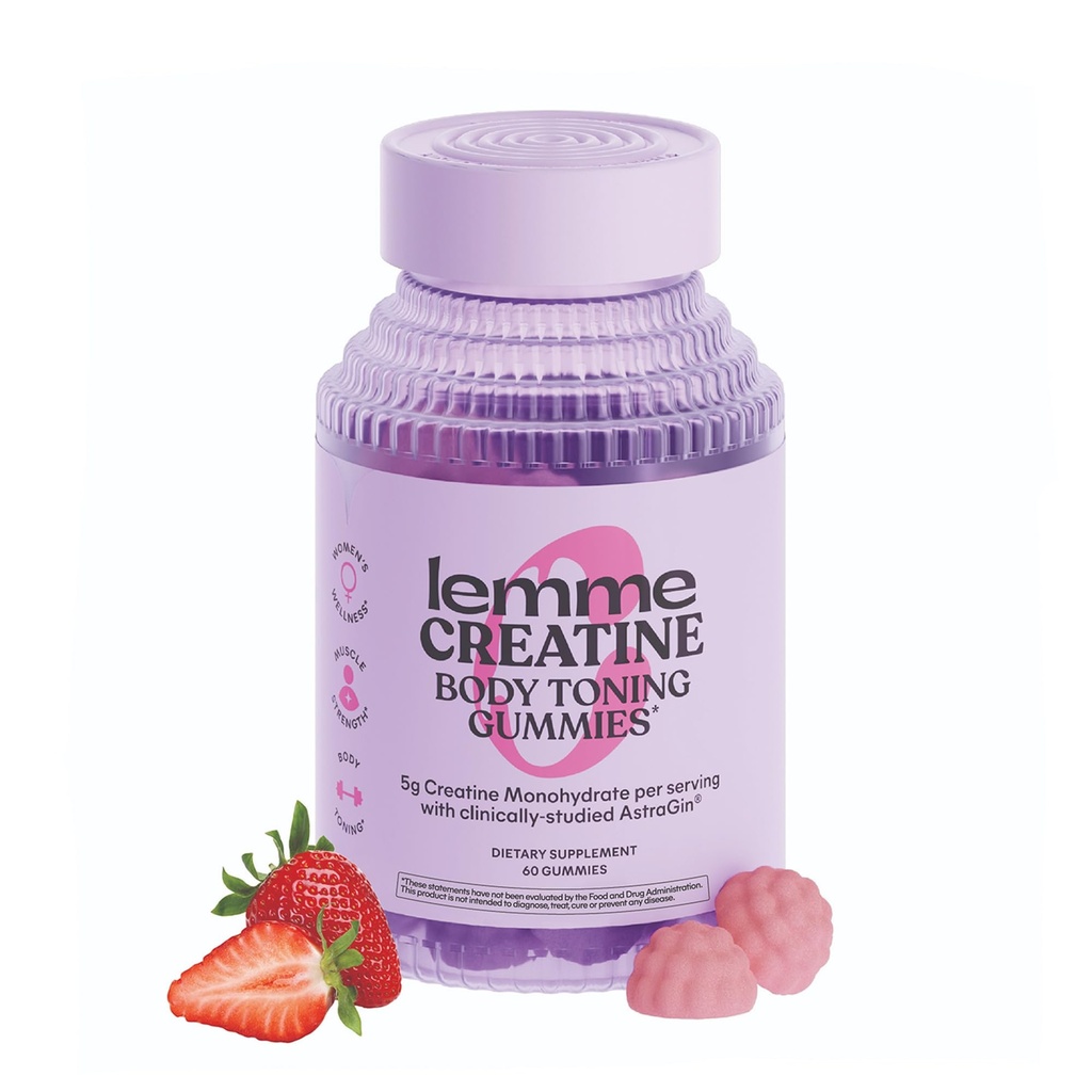 Lemme Creatine Monohydrate Gummies for Women and Men, 5g Dose to Support Lean Muscle, Strength, Recovery, Cognitive Health, w/Ginseng for Absorption, Sour Strawberry, NSF Certified, 60 Gummies