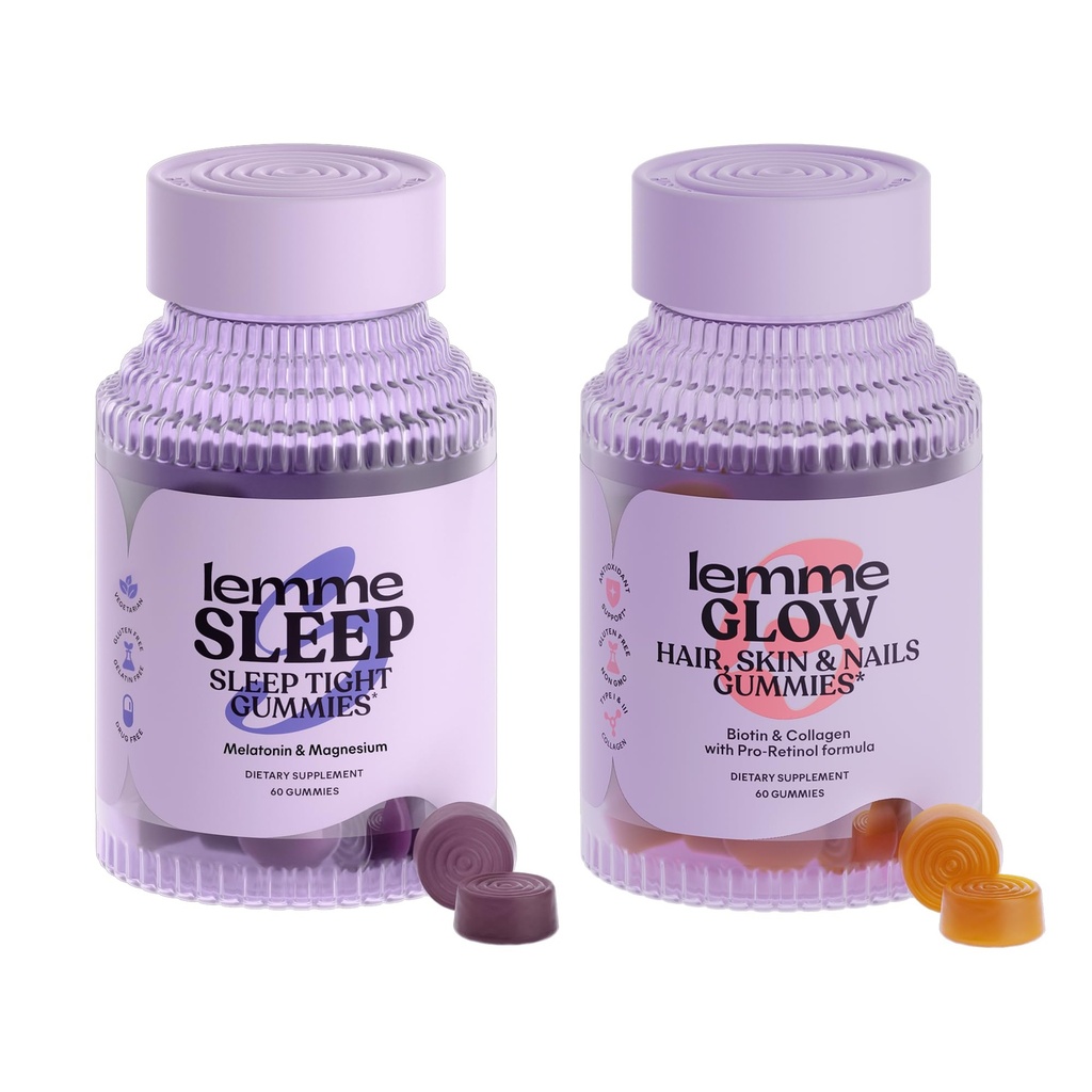 Lemme Sleep & Glow Bundle - Sleep Gummies, a Drug-Free Nighttime Aid & Glow Biotin & Collagen Hair Gummies for Strong, Thick Hair & Reduced Shedding - Gluten/Gelatin Free, Non-GMO - 60 Ct. Each