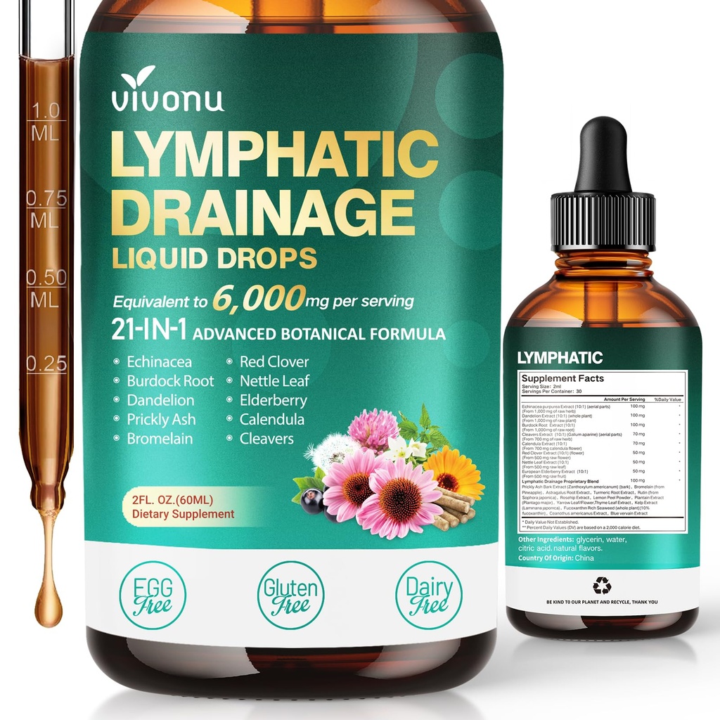 21-in-1 Lymphatic Drainage Drops for Liposomal, Immune & Lymph System Support Supplement for Women & Men with Echinacea, Dandelion, Burdock, Bromelain, Calendula, Turmeric & More, 2 FL OZ