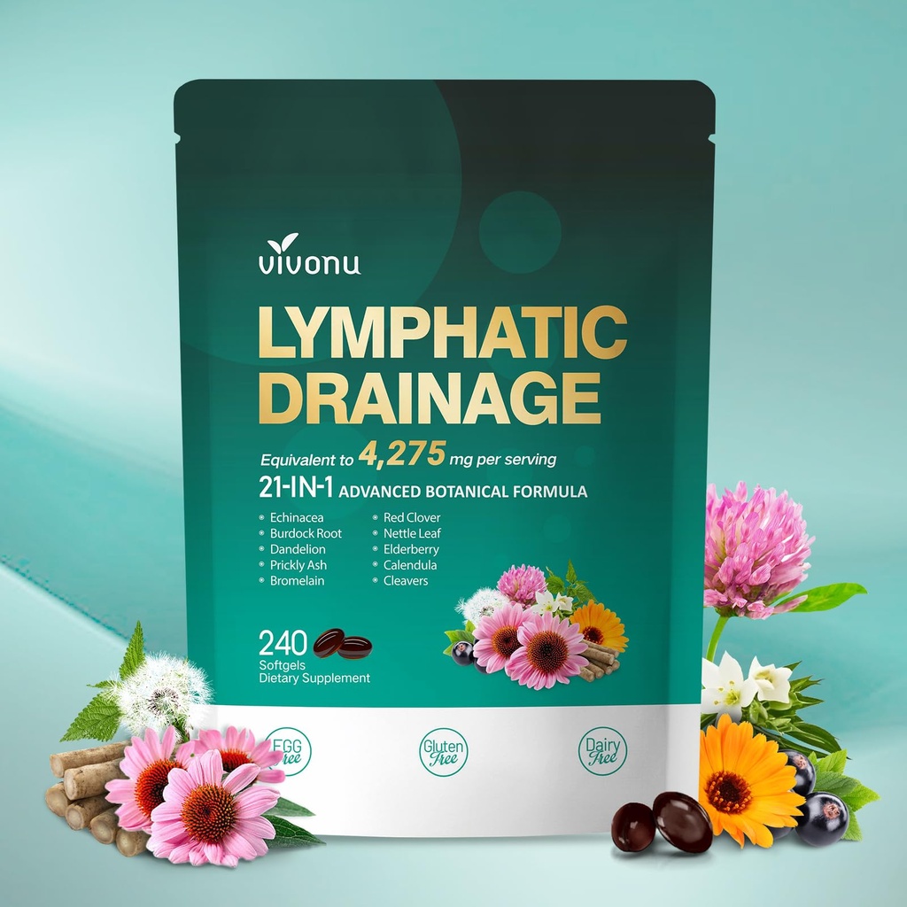Lymphatic Drainage Supplements, 240 Softgels, Lymph System Support Supplement for Women & Men, 21-in-1 Herbal Blend with Echinacea, Dandelion, Burdock, Bromelain, Calendula, Turmeric & More, 1 Bag