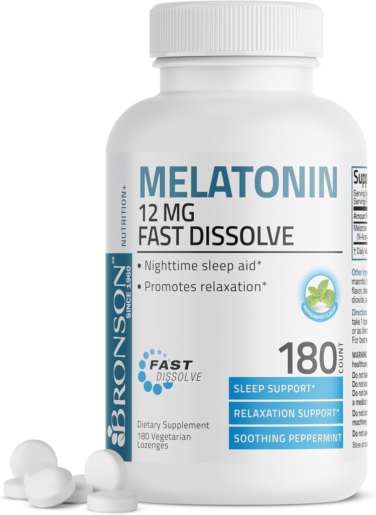 Bronson Melatonin 12mg Fast Dissolve Nighttime Sleep Aid &amp; Relax Support, 180 Peppermint Vegetarian Lozenges