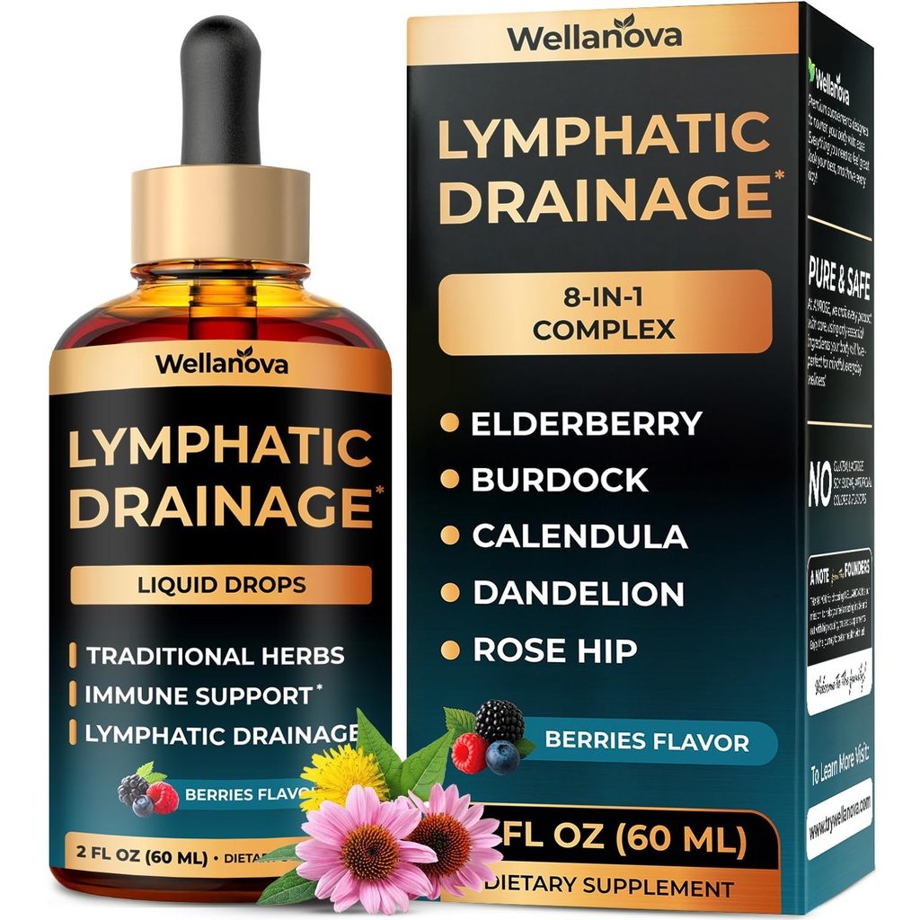 Lymphatic Drainage Supplement - Organic Liquid Drops for Lymphatic Support & Detox - 8-in-1 Herbal Blend - Lymphatic Cleanse Complex with Burdock, Dandelion, Elderberry - 2 fl oz