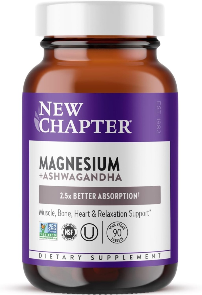 New Chapter Magnesium + Ashwagandha Supplement, 325 mg with Magnesium Glycinate for Muscle Relaxation & Recovery, Heart, Nerve & Bone Health, 2.5X Absorption, Non-GMO - 90 ct (3 Month Supply)