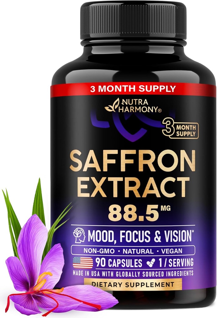 Suplementos naturales de Saffron - Extracto puro de Saffron 88,5 mg - Hecho en EE.UU. - Mood  durable Focus ← Visión útil Energy Support - Eye Health for Women &amp; Men - NonGMO Vegan Pills - 90 cápsulas de polvo, 3 meses de suministro