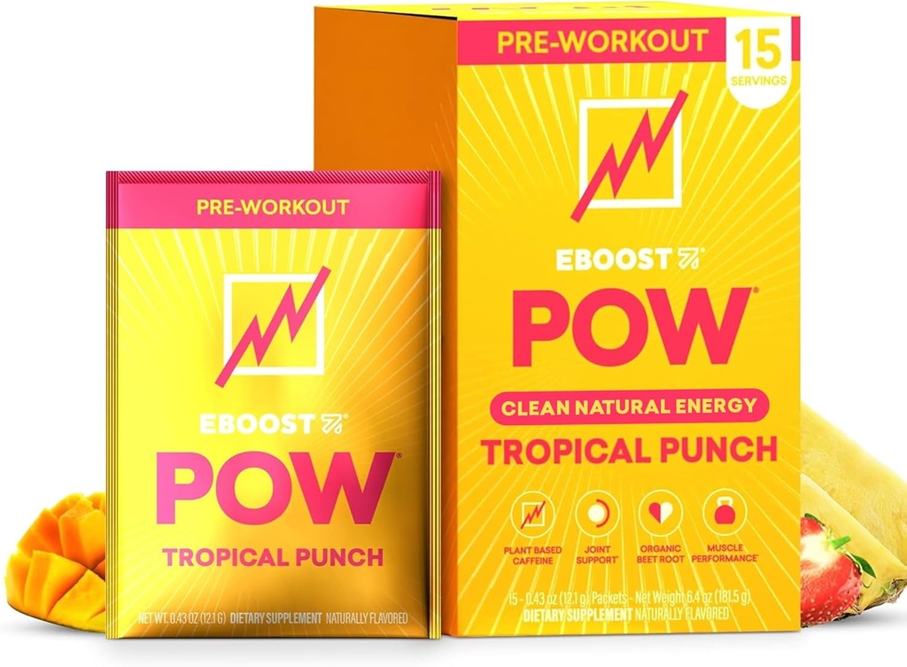 EBOOST POW Natural Pre Workout Powder - 15 Packets, Tropical Punch - Preworkout Energy Booster Gym Supplement Drink Mix for Hombre and Women - Performance, Joint Mobility Support - Gluten-Free