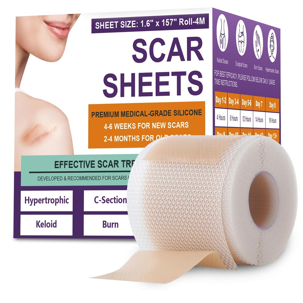 Silicone Scar Sheets, Silicone Scar Tape, Medical Grade Silicone Scar Tape for Surgical, Hypertrophic, Keloid, C-Section, Burn, Old & New Scars, Scar Removal Treatment (1.6"X 157" Roll-4M)