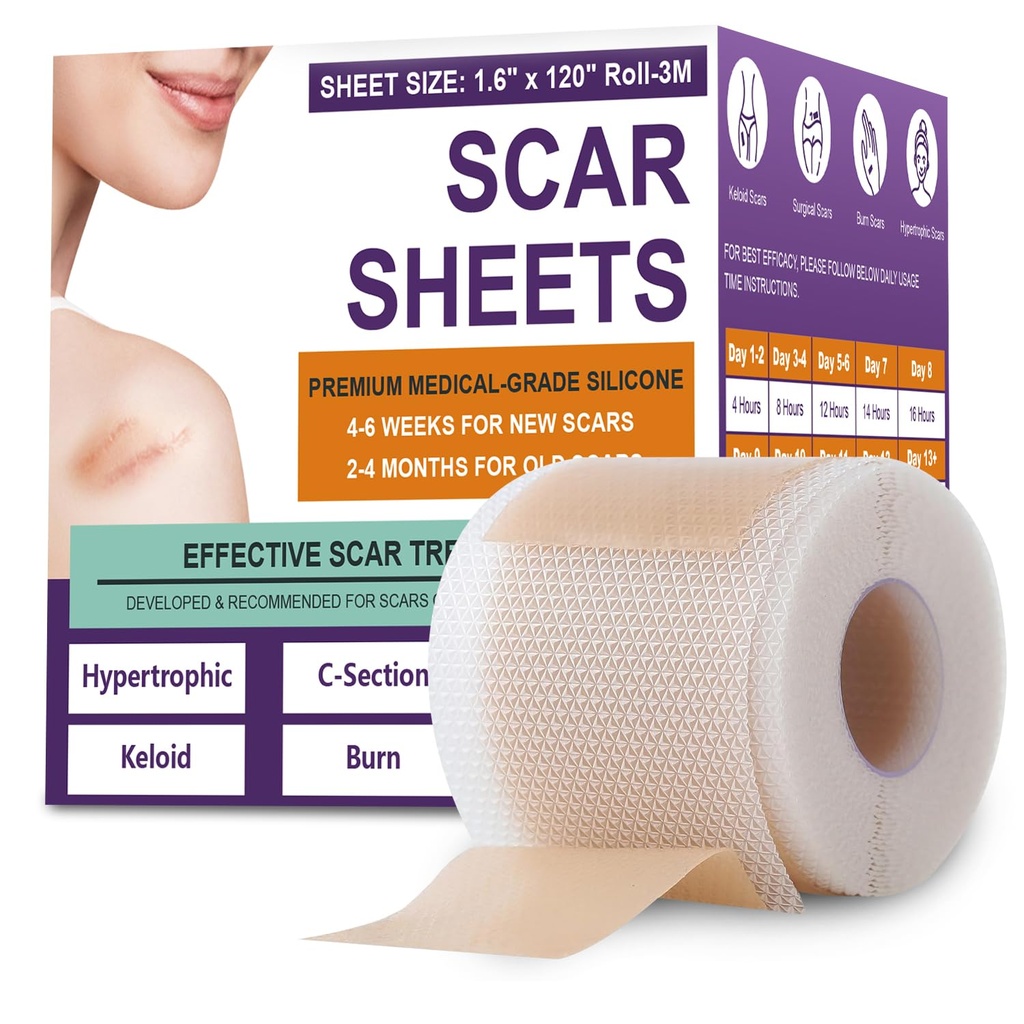 Silicone Scar Sheets,Silicone Scar Tape,Silicone Scar Removal Strips for Surgical,C-Section,Tummy Tuck,Keloid Scars (1.6"X 120" Roll-3M) Keloid Bump Removal