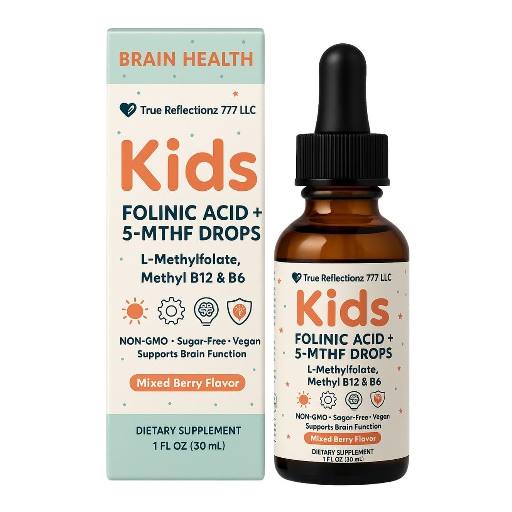 Folinic Acid Drops Kids 800 mcg + L-Methylfolate + B12 +P5P B6 Gentle Methylation Great Taste, Magnesium Glycinate, Vitamin D3 & C Folate Support for Brain,Focus, Mood & Cellular Health 5-MTHF Drops