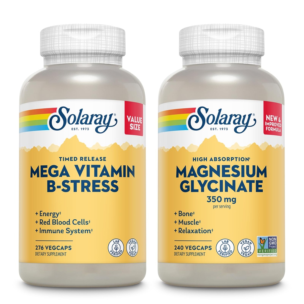 SOLARAY Mega Vitamin B Stress and Magnesium Glycinate 350mg Bundle - Timed Release Vitamin B Complex w/VIT C, Chelated Magnesium Bisglycinate - Energy, Relaxation and Immune Support, Vegan, 276/240ct