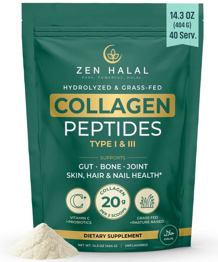 Collagen Powder with Vitamin C & Probiotic (18g Protein) Pure Grass Fed Halal Collagen Peptides for Women - Unflavored & Hydrolyzed Bovine Type I & III for Skin, Hair, Nails, Joints and Gut