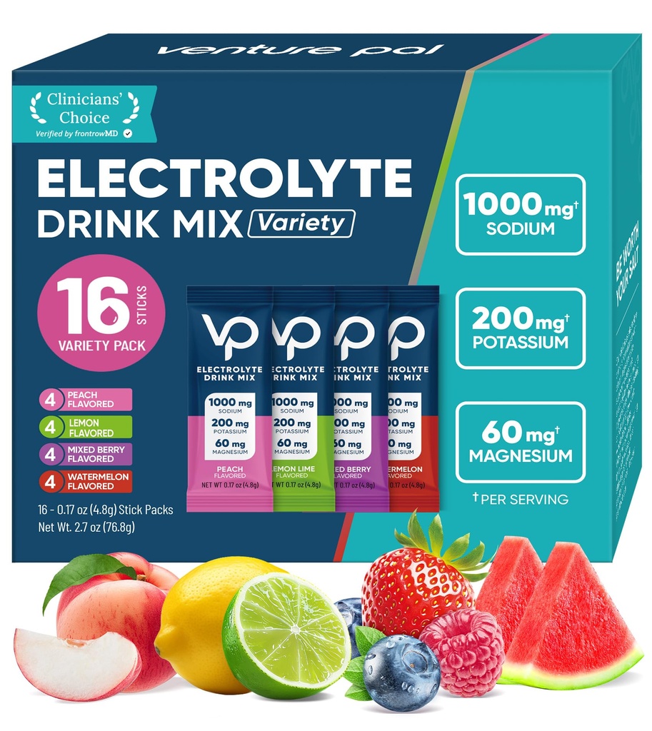 Venture Pal High Sodium Sugar-Free Electrolyte Powder Packets - Hydration Packets with Sodium, Potassium & Magnesium | Zero Calories | Vegan, Keto, and Paleo Friendly | 16 Sticks