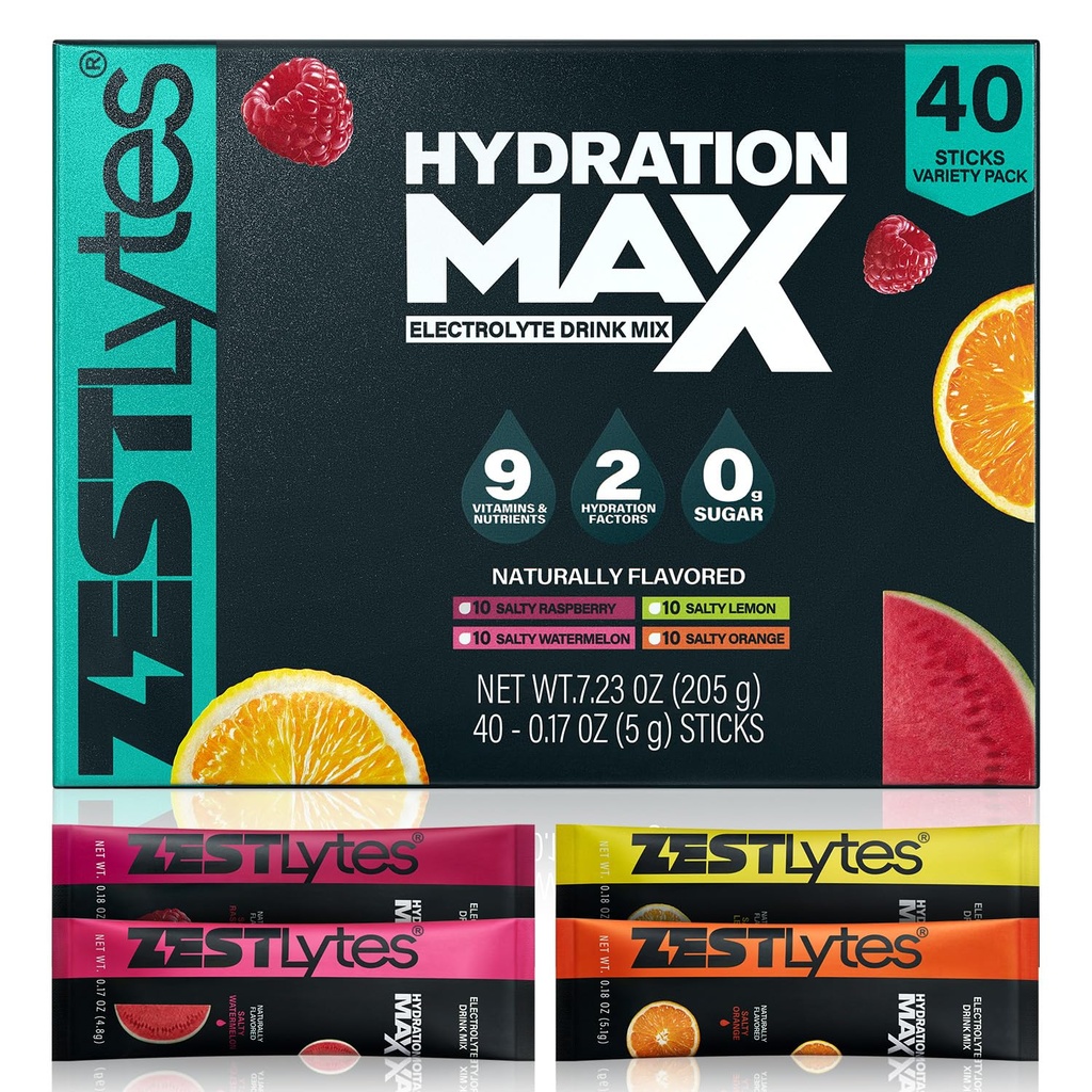 40 Sticks Sport Hydration Sugar Free Electrolyte Packets, High Sodium Low Calorie Electrolyte Powder Drink Mix, Liquid Daily IV Flavors | Salty Watermelon Raspberry Lemon Orange