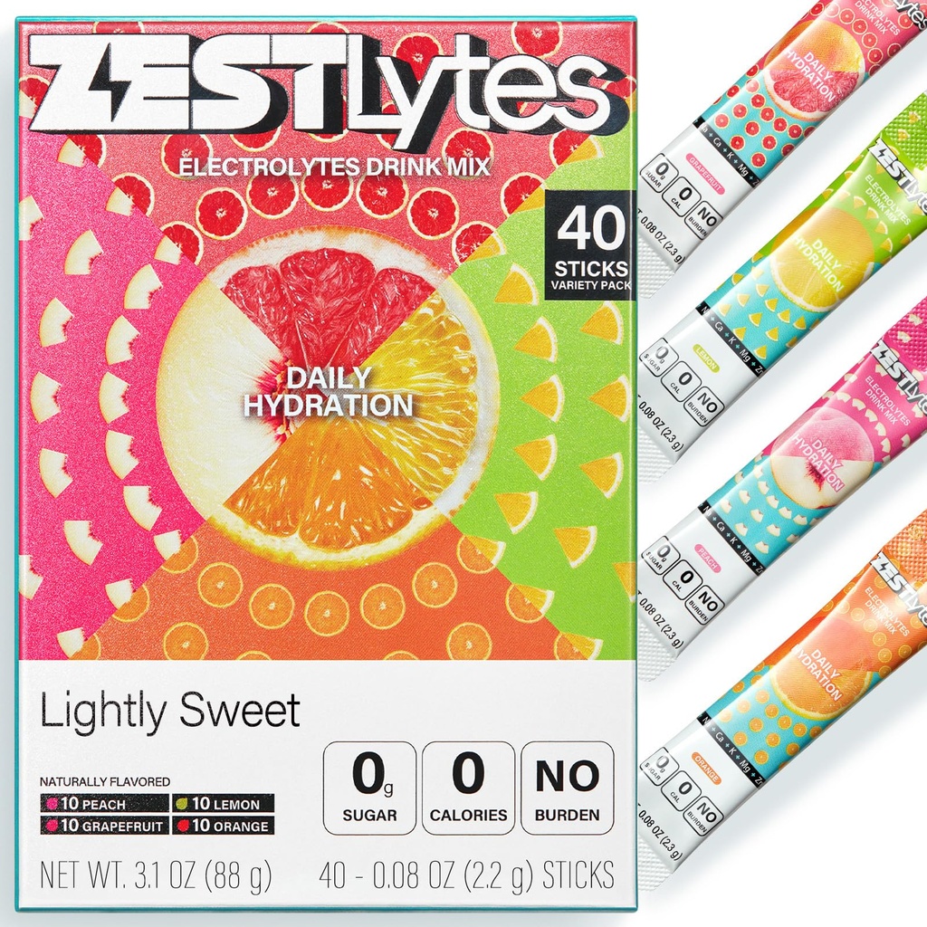 40 Sticks Sugar Free & 0 Calorie Electrolyte Hydration Packets, Low Sodium Lightly Sweet Electrolyte Powder Drink Mix, Liquid Daily IV Flavors | Lemon Orange Peach Grapefruit