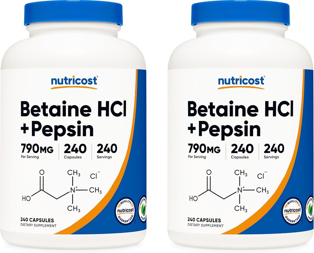 Nutricost Betaine HCl + Pepsin 790mg, 240 cápsulas, 2 botellas (480 cápsulas)