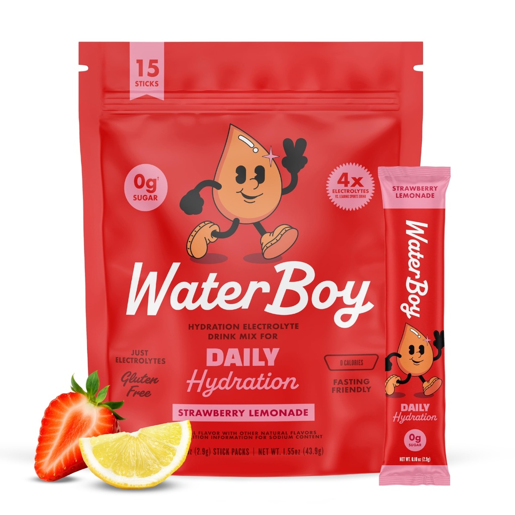 Waterboy Daily Hydration | 1,570mg Electrolyte Powder Packets | No Sugar, All Natural, Gluten Free, Zero Calories | 15 Drink Stick Mixes (Strawberry Lemonade)