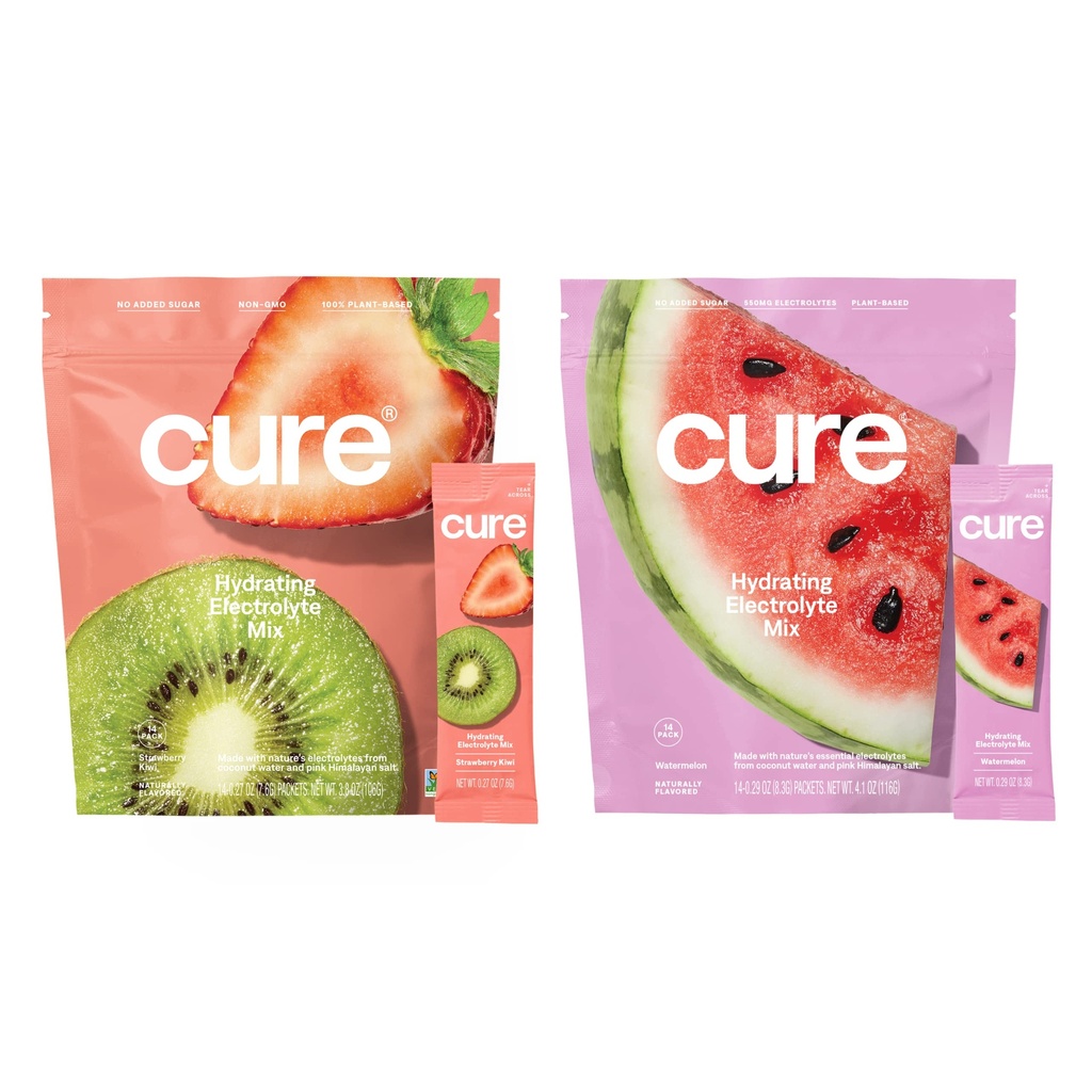Cure Hydration Electrolyte Mix | Electrolyte Powder for Dehydration Relief and Energy | Made with Coconut Water | No Added Sugar | Vegan | Paleo Friendly | Watermelon + Strawberry Kiwi | 28 Packets