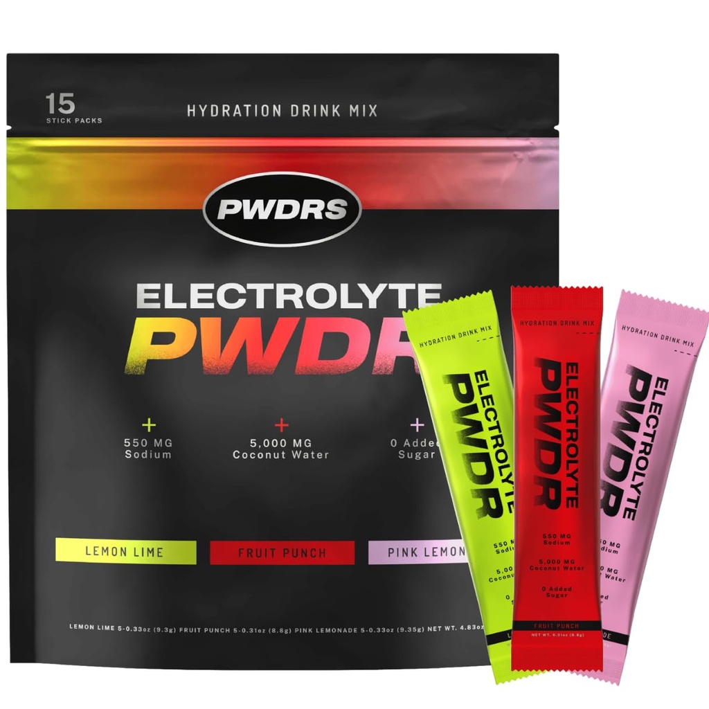 PWDRS Electrolytes | All Natural Electrolyte Packets | Zero Added Sugar | 5,000mg Coconut Water for Fast Hydration | Non-GMO, No Sucralose | 15 Sticks