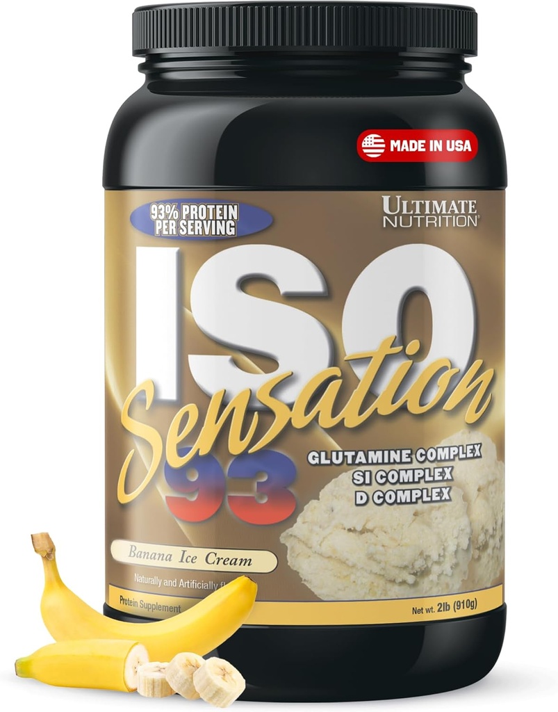 Ultimate Nutrition Whey Protein Isolate Powder with Glutamine Complex, ISO Sensation 93 - Whey Protein Powder with Añadido Colostrum for Enhanced Recovery, Immunity & Gut Health - Banana, 2lbs