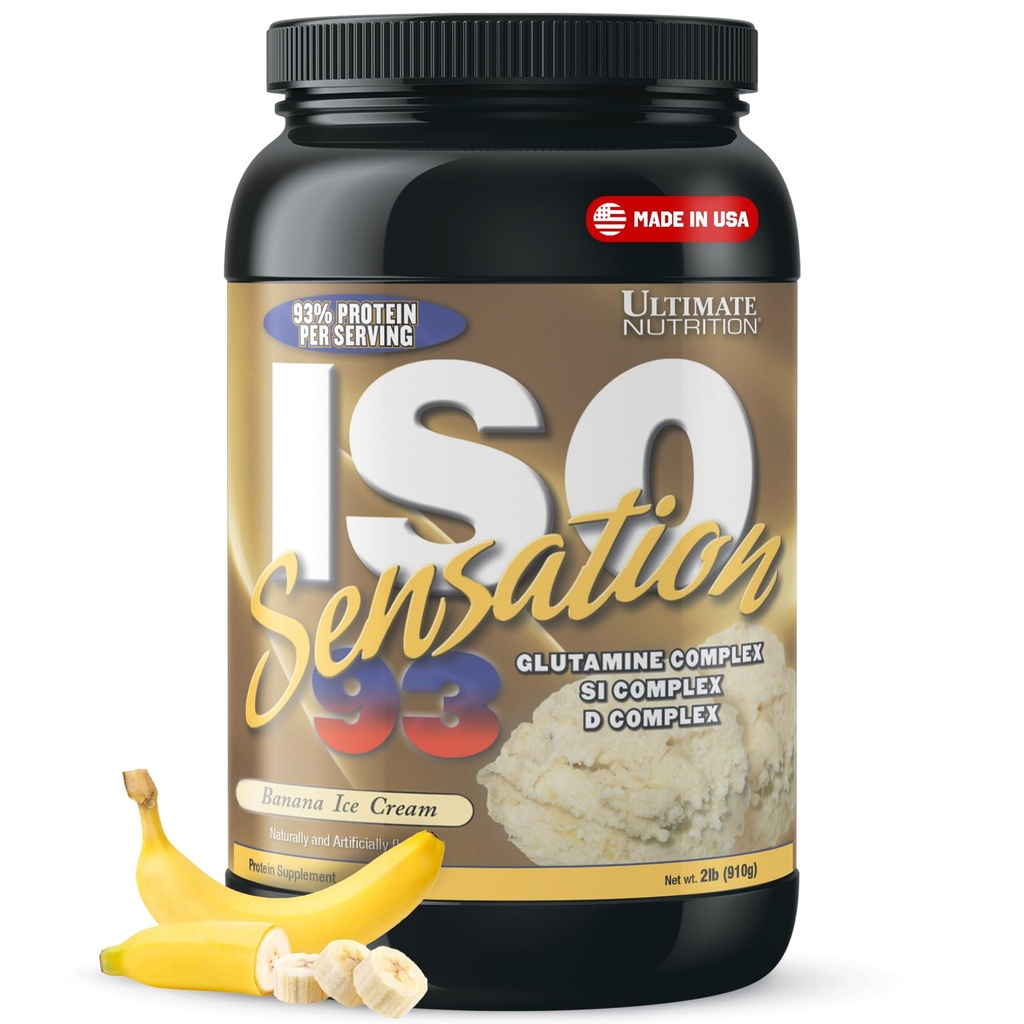 Ultimate Nutrition Whey Protein Isolate Powder with Glutamine Complex, ISO Sensation 93 - Whey Protein Powder with Added Colostrum for Enhanced Recovery, Immunity & Gut Health - Banana, 2lbs