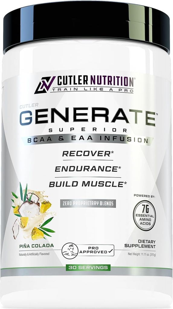 Cutler Nutrition Generar EAA y BCAA Powder: Best Branched Chain Amino Amino Acids Supplement with Essential Amino Acids, 5g BCAAs, 2g EAAs for Lean Muscle Mass ¦ Pina Colada, 30 Servings