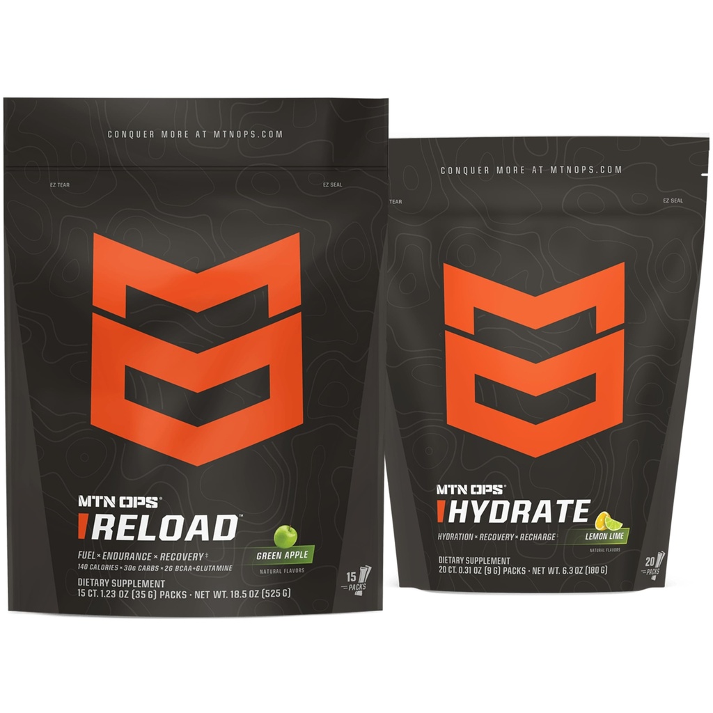 MTN OPS Reload + Hydrate Bundle, Carb Fuel & Electrolyte Hydration Powder, Green Apple + Lemon Lime