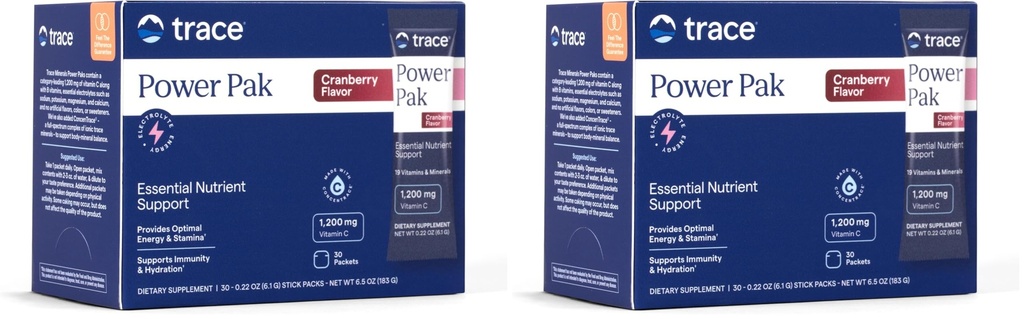 Trace Minerals Power Pak Multivitamin and Multimineral Packets - Electrolyte Support - 1200 mg Vitamin C Plus 70 Cranberry Flavor - 60 Packets