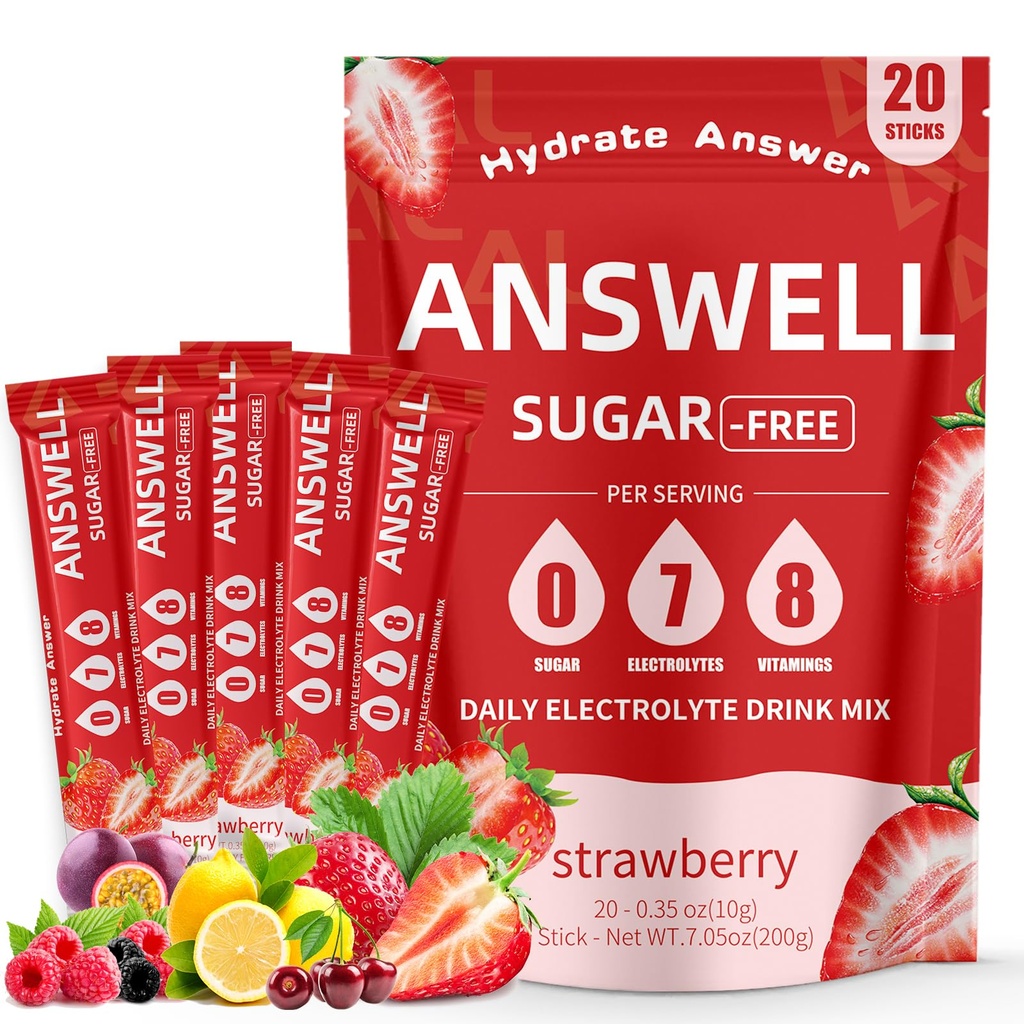 Electrolytes Powder Packets Sugar Free - Liquid Daily IV Drink Mix for Rapid Hydration & Party Recovery | 6 Vitamins & 7 Electrolytes | 20 Sticks | (20 Count (Pack of 1), V4-Strawberry)