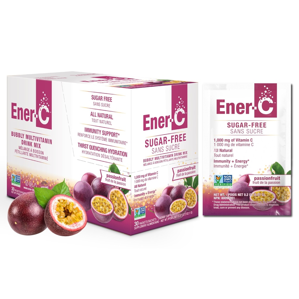 Ener-C Sugar Free Multivitamin Drink Mix - Vitamin Powder for Water, Electrolytes Powder No Sugar, Hydration Boost Packets, Zero Sugar, Vitamin C & B12 Supplement Liquid Mix - Passionfruit, 30 Count