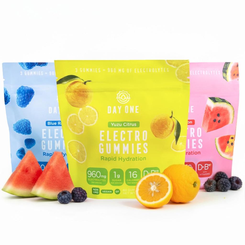 Day One Electrogummies Sour Pack - Citrus, Blue Raspberry & Watermelon Electrolyte Gummies for Runner, Athlete - Hydration Gummies with Electrolytes - Alternative to Powders, Tablets 180 Count