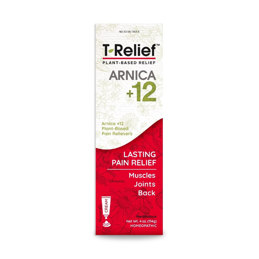 T-Relief Arnica +12 Cream Natural Actives for Back Pain Joint Soreness Muscle Aches & Stiffness, Whole Body Fast Acting Relief for Women & Men - 4 oz