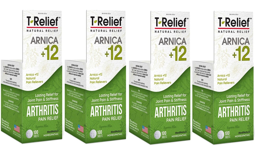 MediNatura T-Relief Extra Strength Arthritis Pain Reliever Arnica +12 Natural Medicines for Joint Soreness Stiffness Aches, Quick Dissolving Pain Relief for Women & Men - 100 Tablets (4 Pack)
