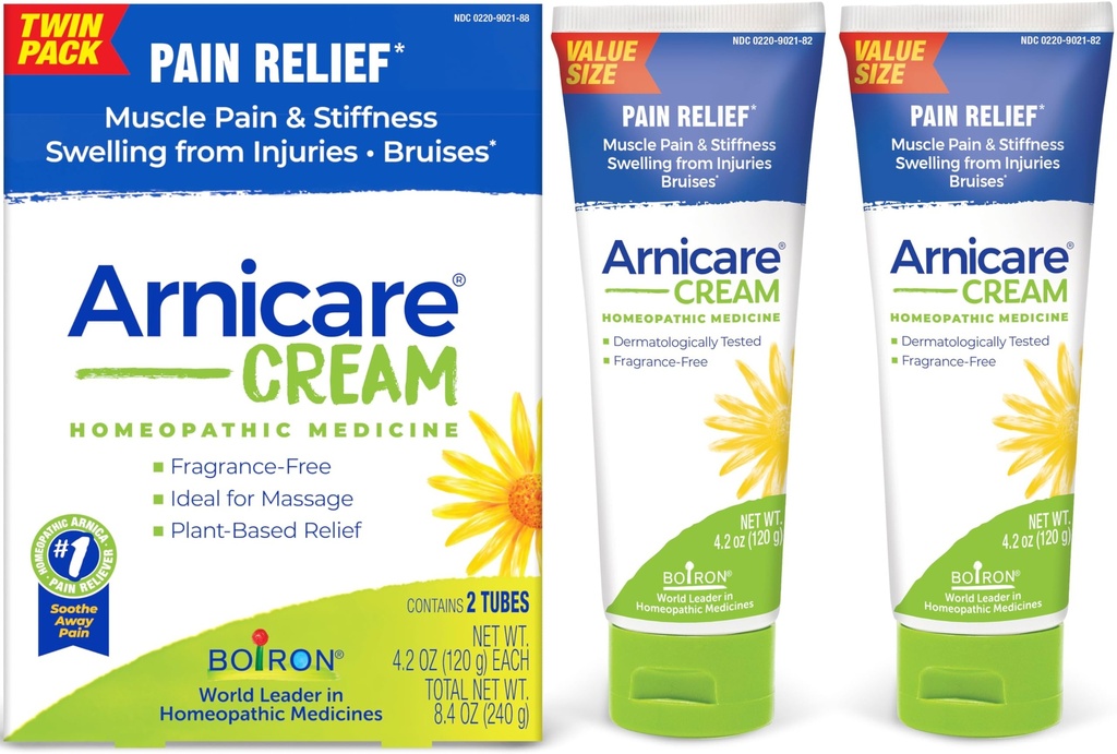 Boiron Arnicare Cream 4.2 oz (Twin Pack) for Joint Pain, Muscle Pain Relief, Swelling, Soreness, Stiffness, and Bruises - Fast Absorbing and Fragrance-Free Arnica