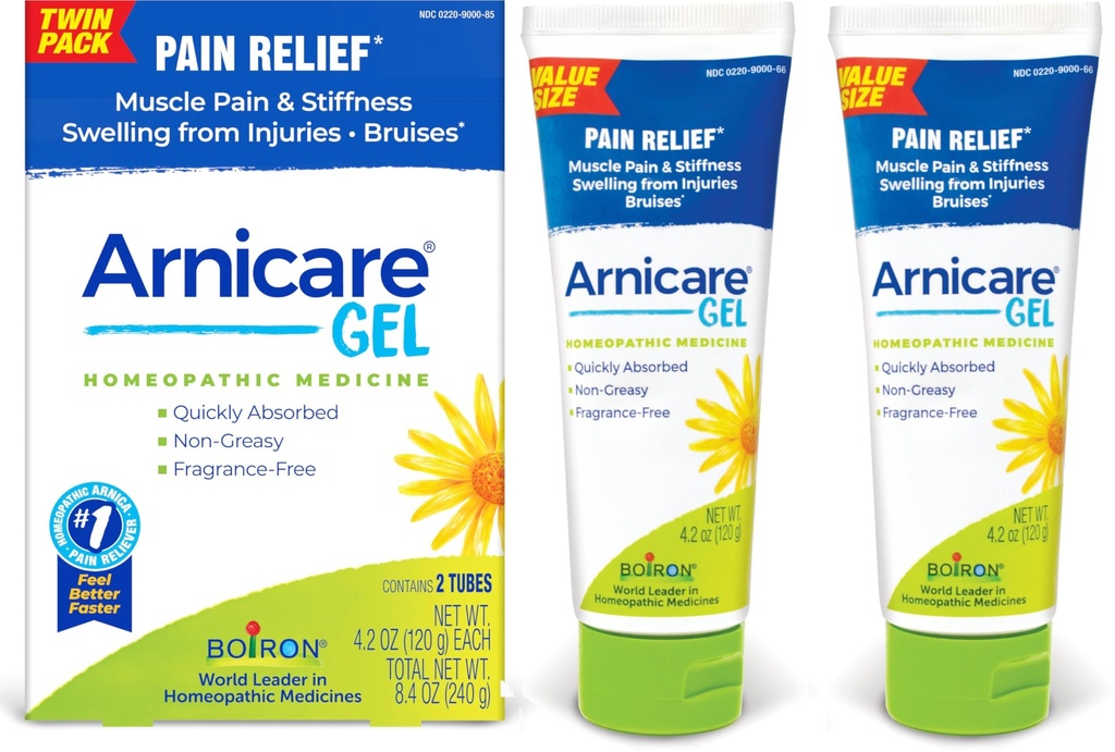 Boiron Arnicare Gel 4.2 oz (Twin Pack) for Joint Pain Relief, Muscle Pain, Muscle Soreness, and Swelling from Bruises or Injury - Non-Greasy and Fragrance-Free Arnica