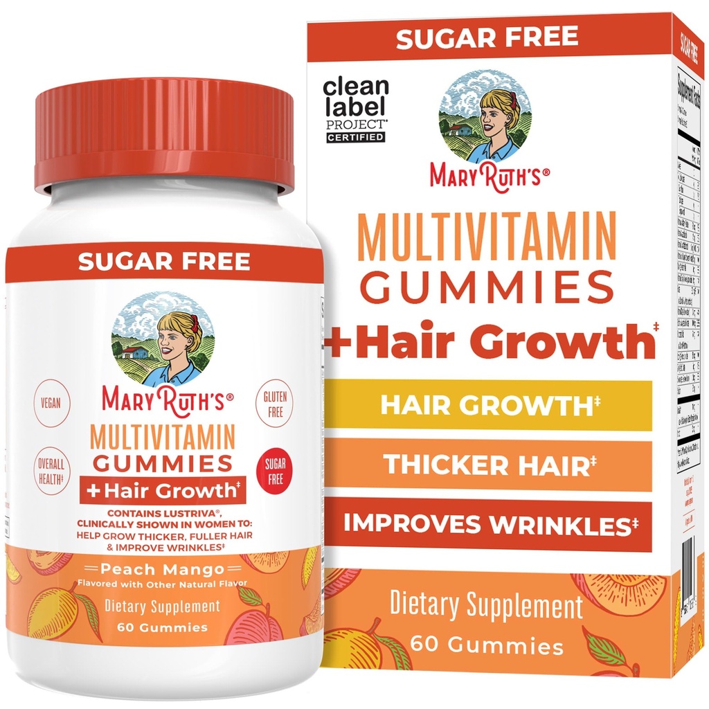 MaryRuth's Multivitamin + Hair Growth Gummies | with Lustriva® | Biotin 10000mcg | B Vitamins | Formulated for Thicker Hair, Wrinkles, Fine Lines, Skin Care | Ages 18+ | 30 Servings