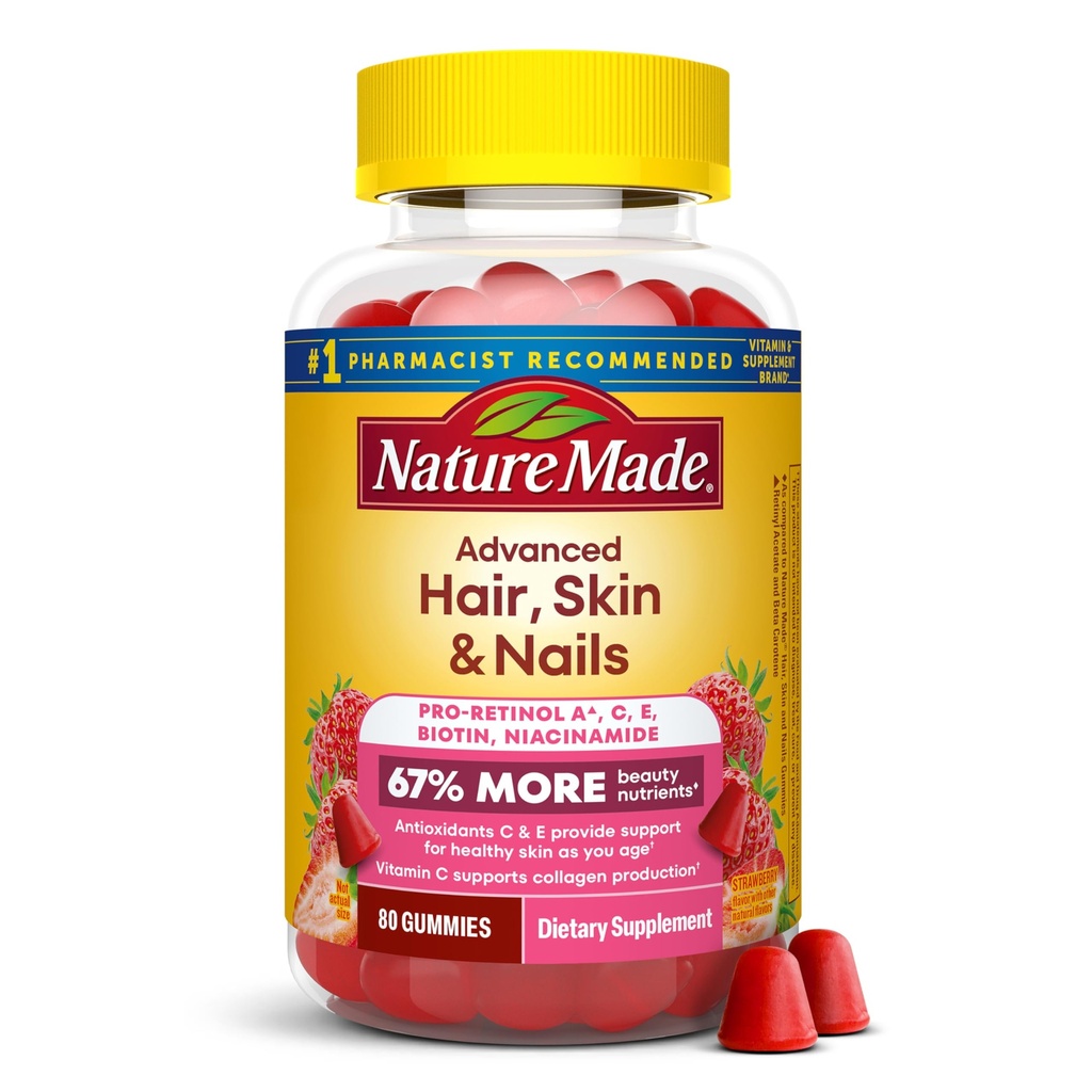 Nature Made Advanced Hair Skin and Nails Gummies, Biotin, Pro Retinol A, Niacinamide, Vitamin C & Vitamin E, 80 Gummies, 40 Day Supply