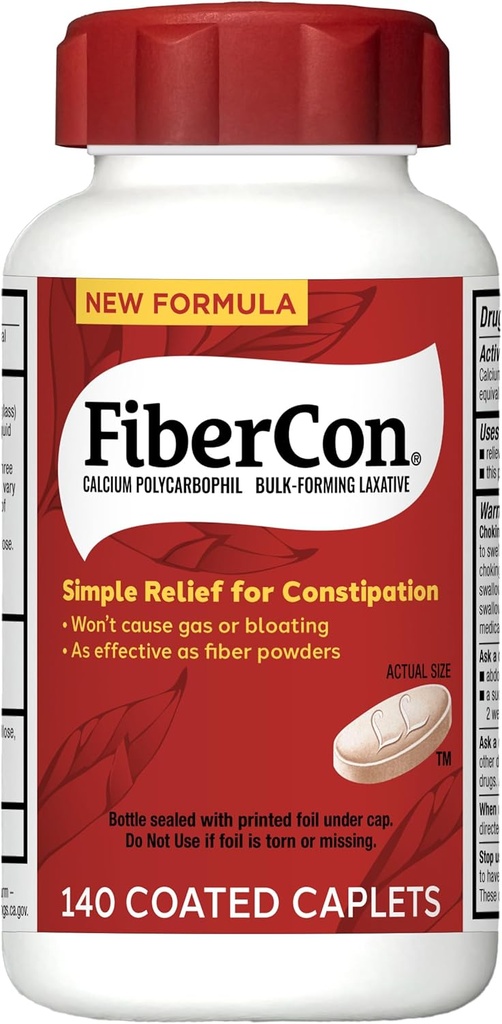 FiberCon Fiber Terapia de fibra Coated Caplets, Fibra Insoluble segura, sencilla y cómoda para irregularidad intestinal, Alivio de estreñimiento cómodo sin gas ni soplado, 140 cápsulas