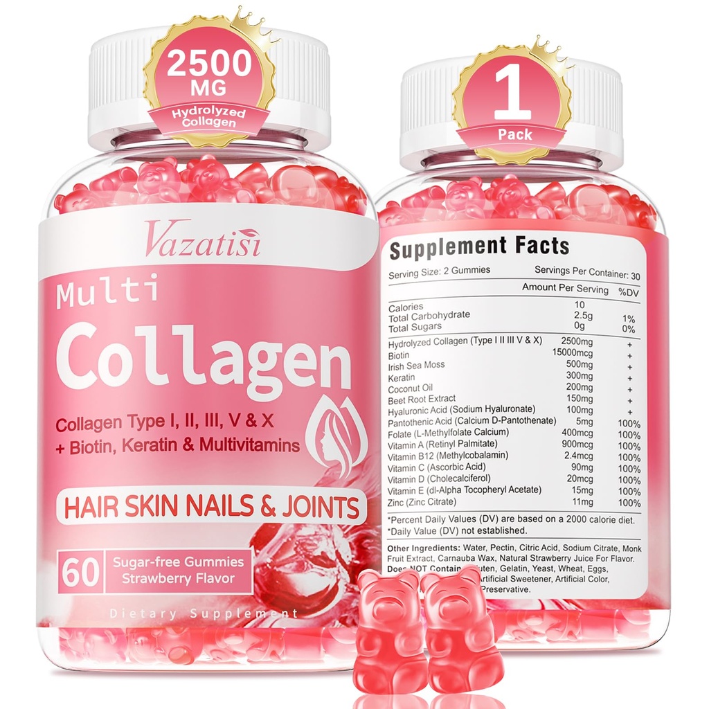 Collagen Peptide Gummies for Women & Men Sugar Free, Hydrolyzed Collagen with Biotin for Hair Skin Nails Digestion, Multi Collagen Protein Type I II III V X with Hyaluronic Acid & Vitamin C, 60 Count