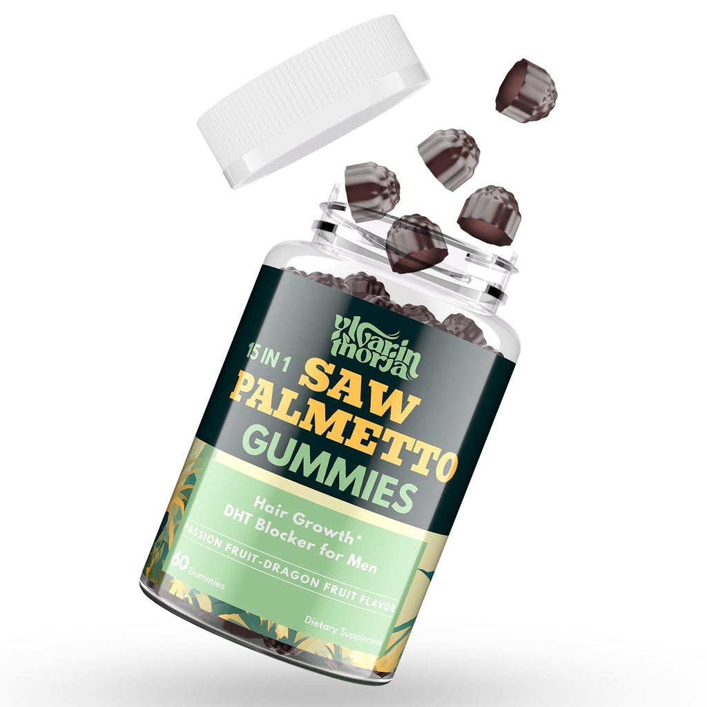Saw Palmetto Gummies for Men – 600mg Extra Strength DHT Blocker with Biotin, Pumpkin Seed – Supports Prostate Function, Urinary Flow & Hair Regrowth Supplement, 60 Passionfruit-Dragonfruit Gummies