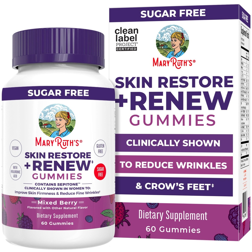 MaryRuth's Skin Restore + Renew Gummies With Hyaluronic Acid | Skin Hydration | Clinically Shown in Women to Reduce Fine Wrinkles & Improve Skin Firmness | Vegan Collagen Production | 60 Gummies