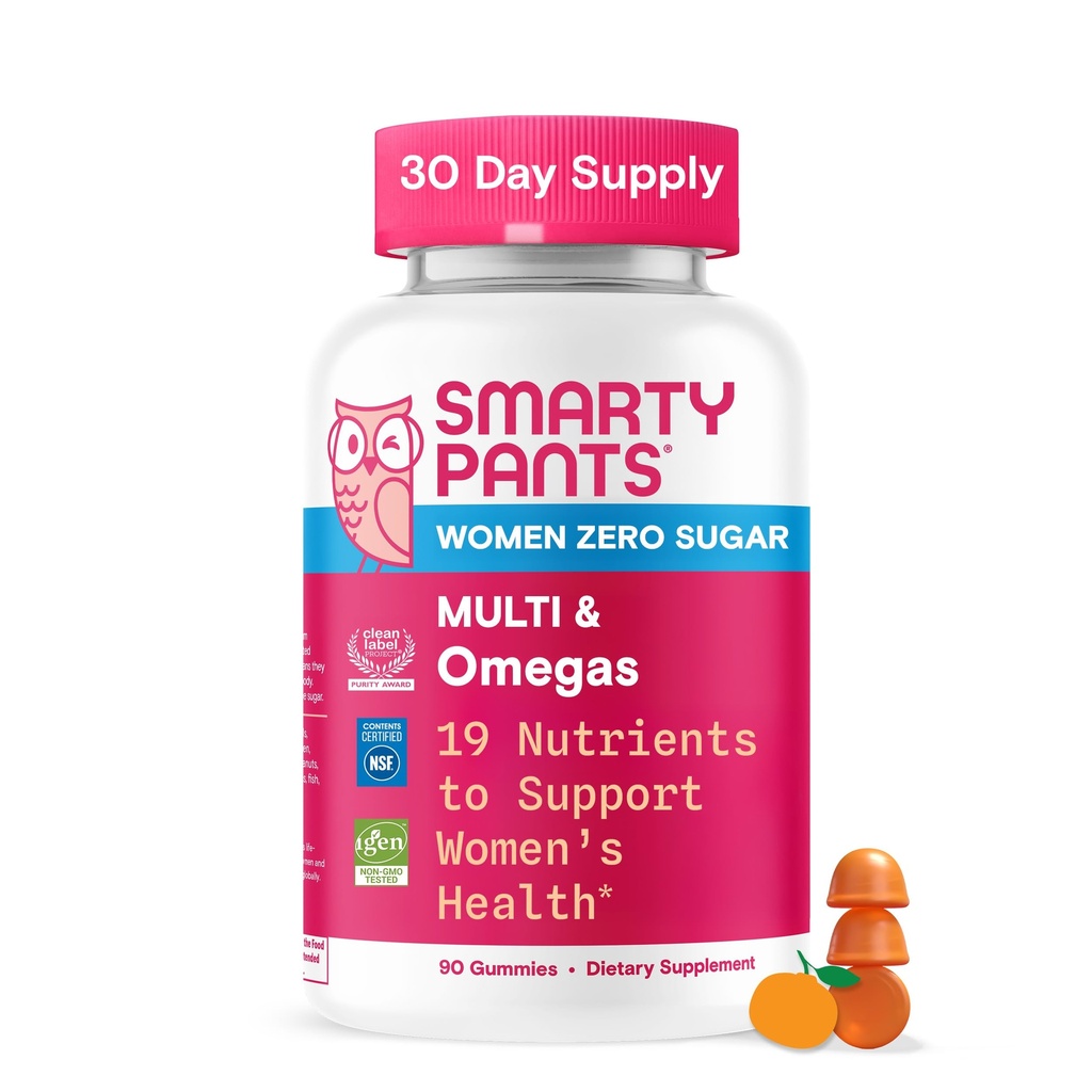 SmartyPants Zero Sugar Women’s Multivitamin Gummies: Biotin, Methylfolate, Omega 3 (ALA), Vitamin D3, C, Vitamin B12, B6, A, K, Zinc, Inositol, Gluten Free, No Sugar Alcohols, 90 Count (30 Day Supply)